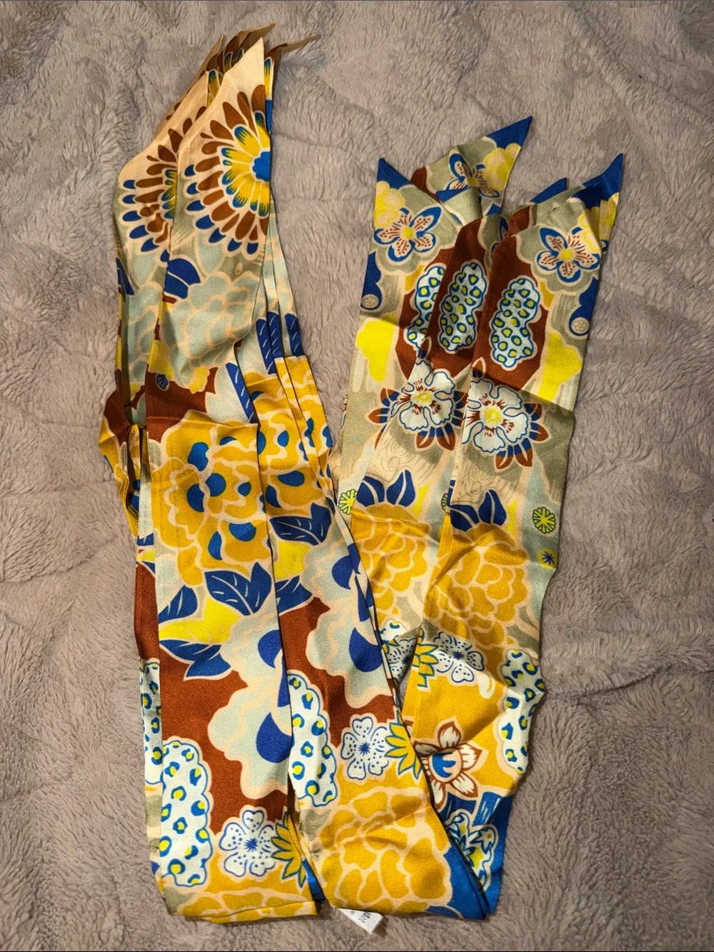 Pair of 2 Yellow & Blue Floral 100% Silk Twilly Scarves for Bags NWOT